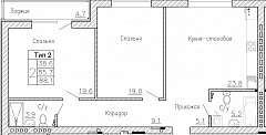 2-комнатную квартиру №67, 88,1 кв. м, на ул Генерала Круковского, 4, третий этаж
